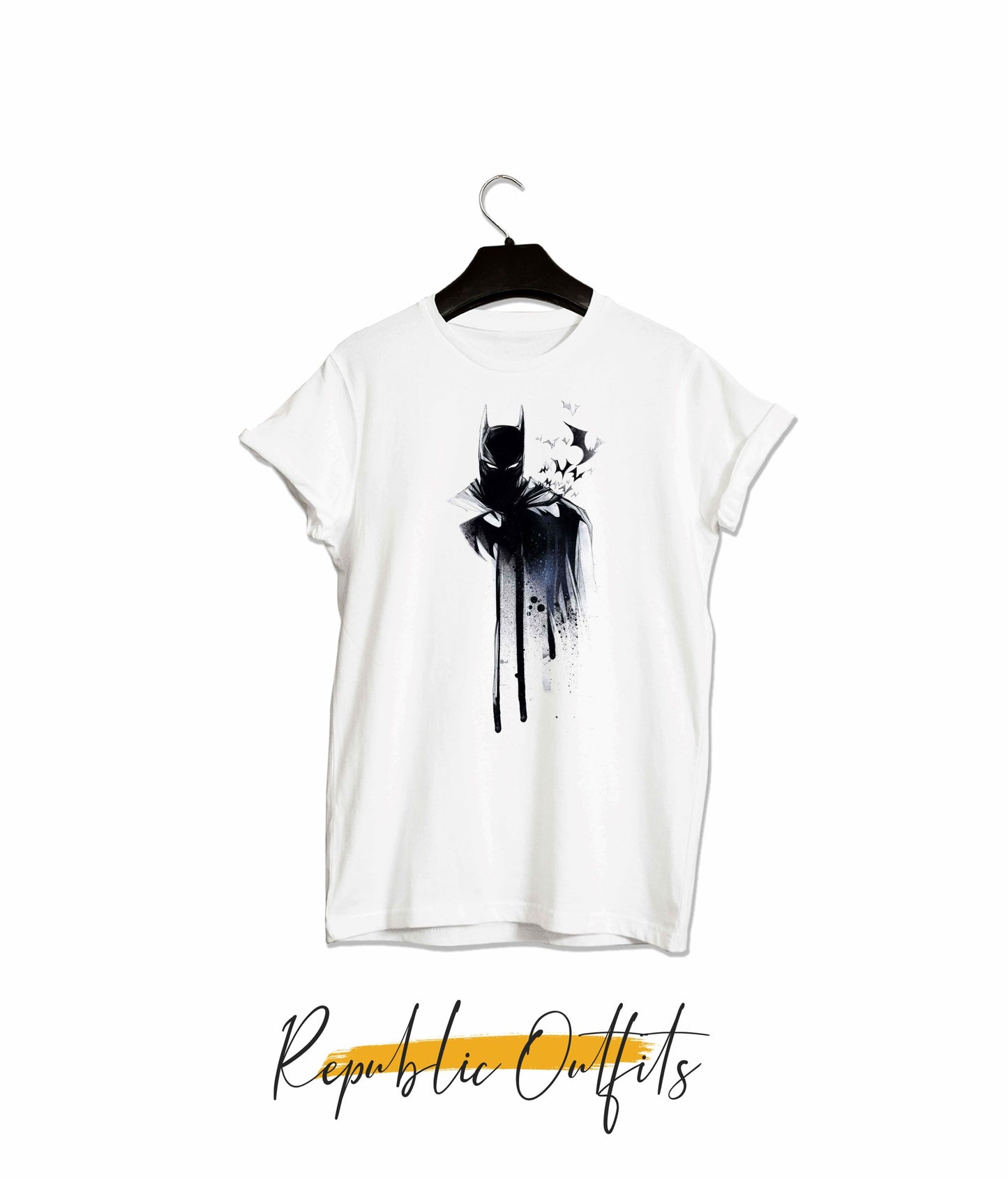 A white Batman t-shirt with a graphic print of the bat symbol in black.