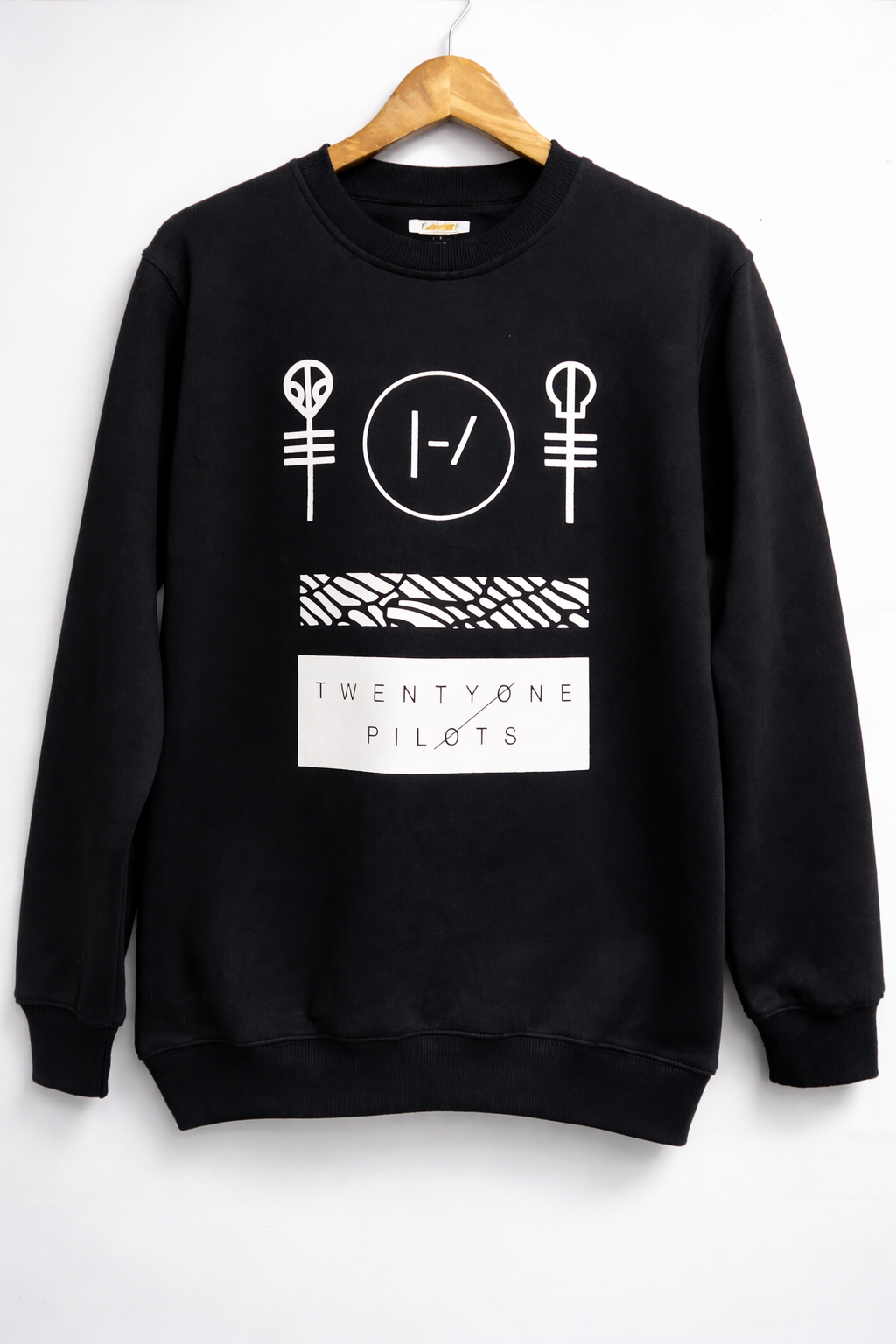 Black sweatshirt with 'Twenty One Pilots' logo on a white background