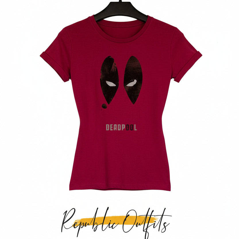 Red t-shirt with black graphic design on a hanger, labeled 'Republic Outfits'.