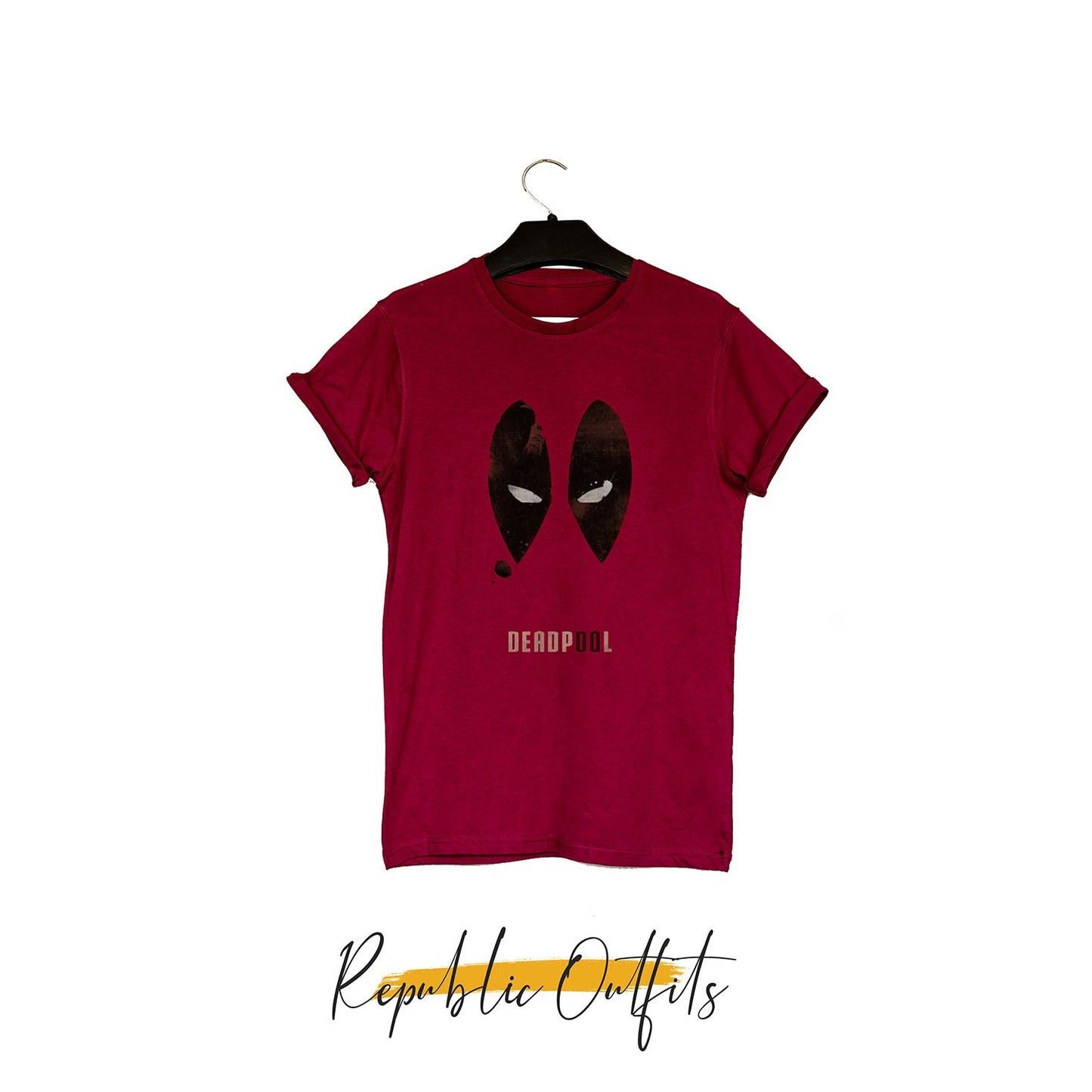 Red t-shirt with black graphic design on a hanger, labeled 'Republic Outfits'.