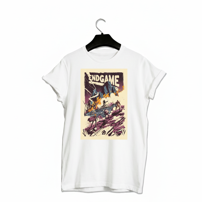 A white T-shirt with a graphic print of a superhero character on the front.