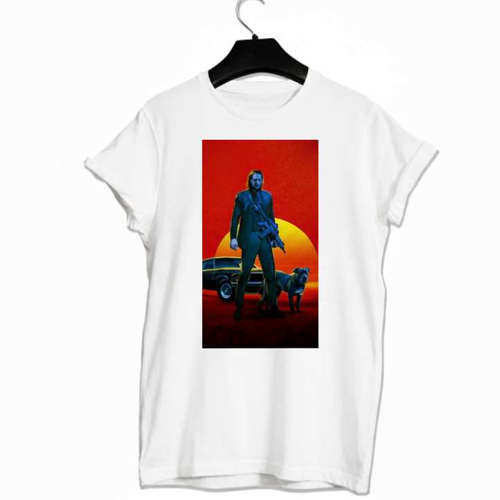 White crew neck t-shirt with a graphic print of a character from the John Wick movie franchise, displayed on a hanger.