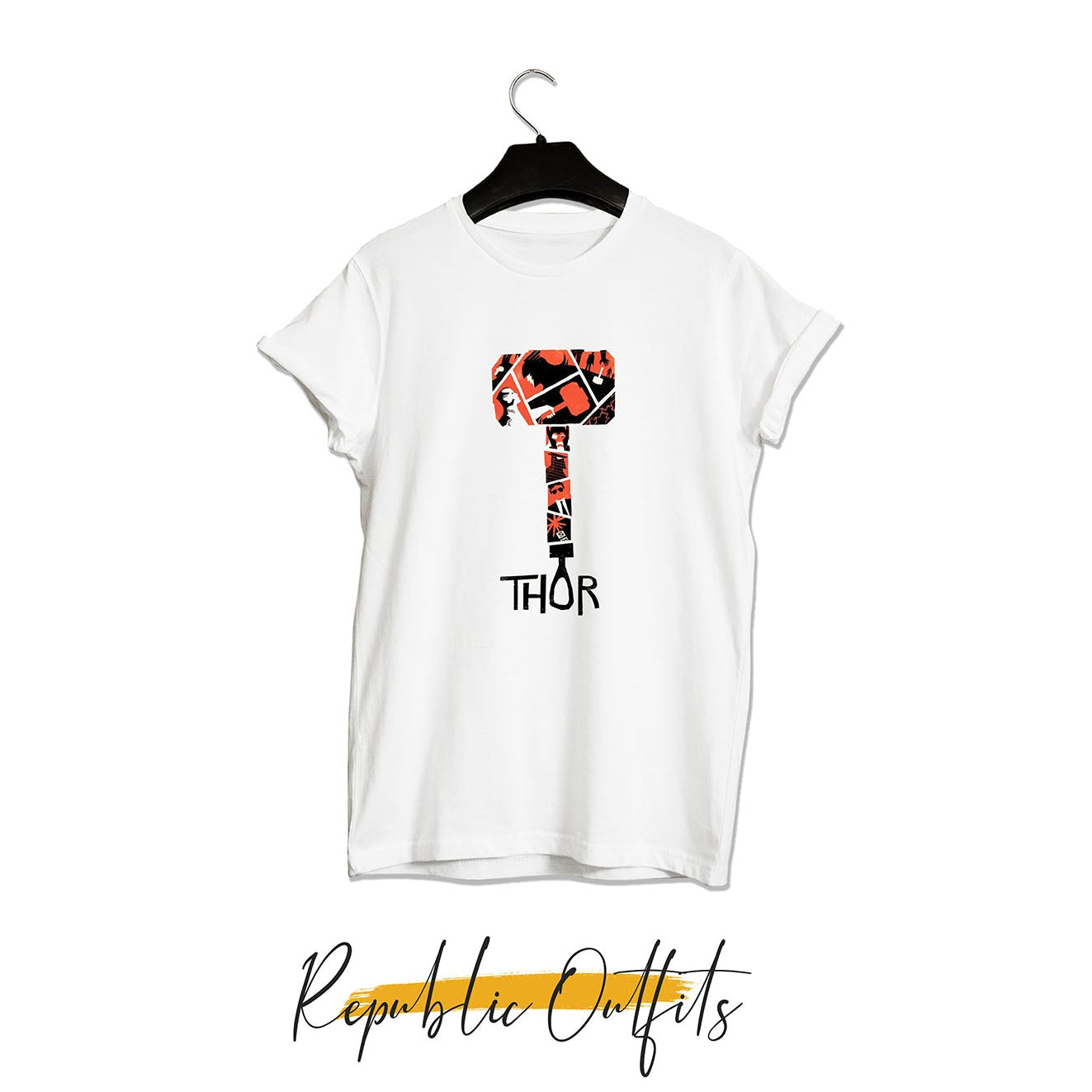 A white Thor-themed t-shirt with a graphic print of Thor's hammer in multicolor on the front.