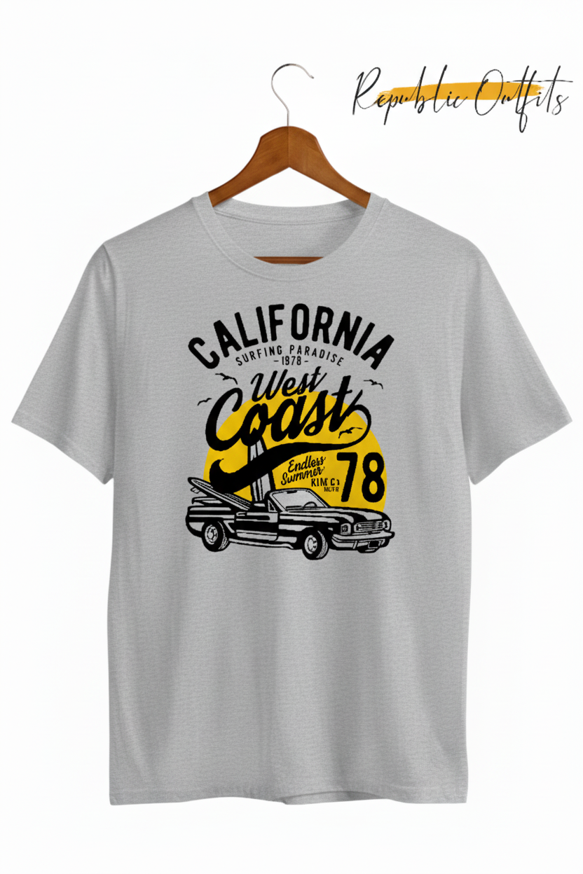 A heather grey sweatshirt with a graphic print that includes the text 'CALIFORNIA WEST COAST' and the number '78' in a stylized font, displayed on a hanger.