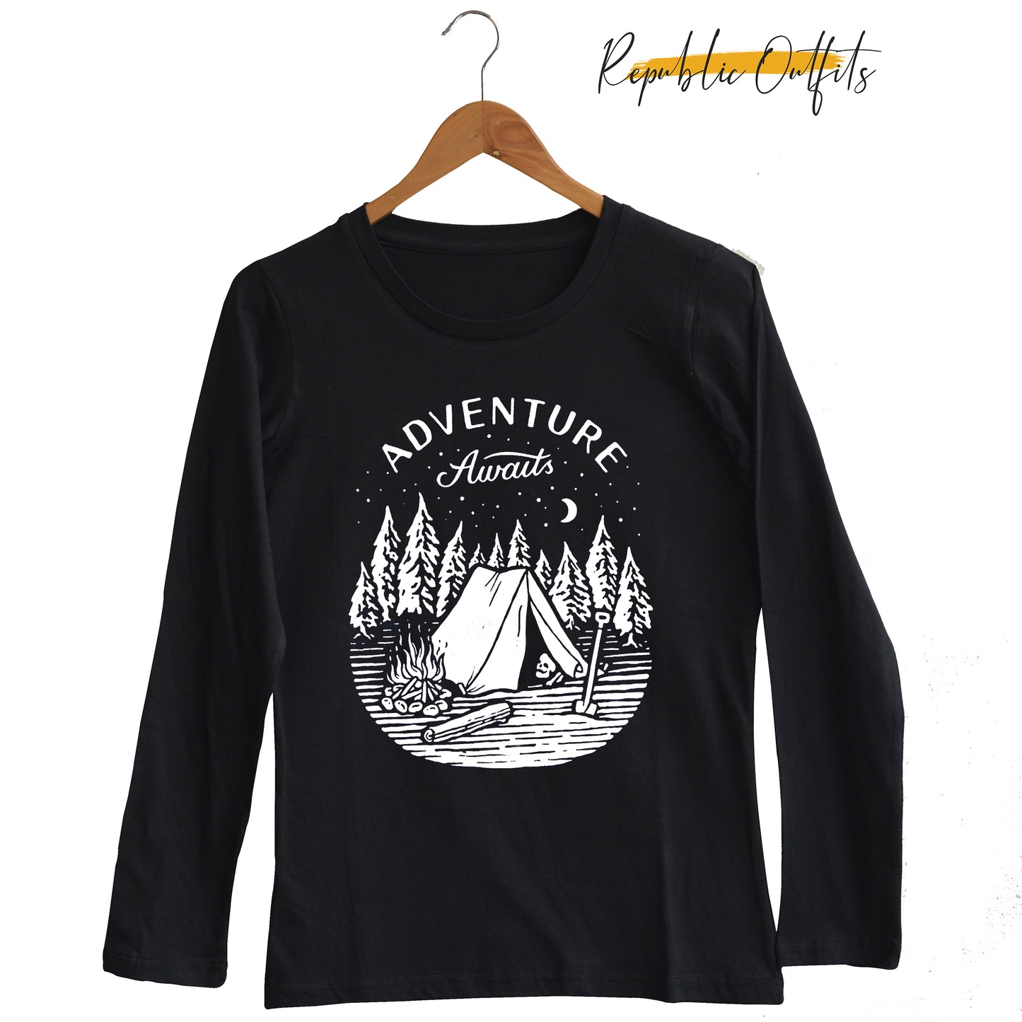 Adventure Awaits Camping Graphic T-Shirt – Black