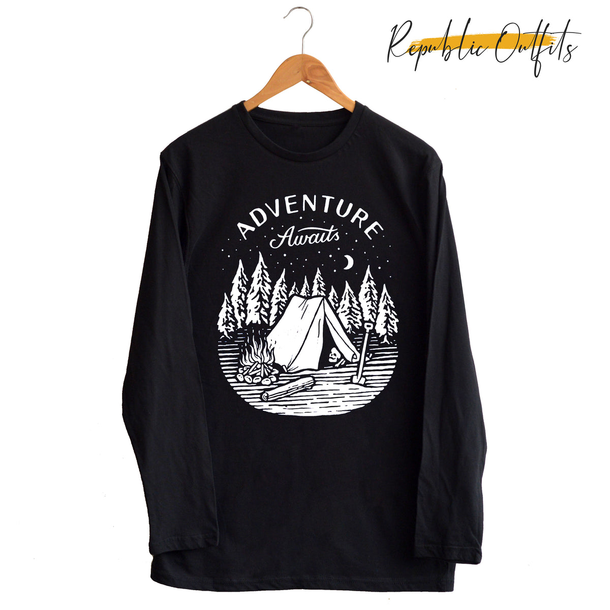 Adventure Awaits Camping Graphic T-Shirt – Black
