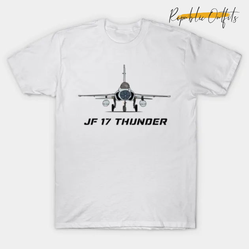 White t-shirt with JF 17 Thunder graphic and 'Republic Outfits' branding.