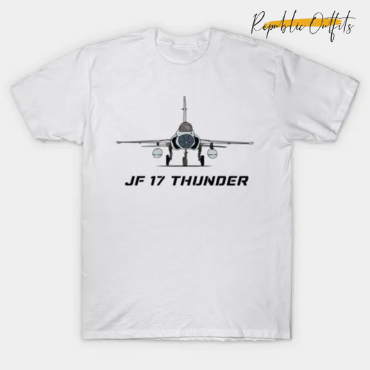 White t-shirt with JF 17 Thunder graphic and 'Republic Outfits' branding.