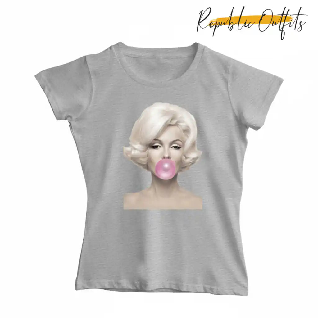 White t-shirt with a graphic of a person blowing a bubble with pink gum, branded 'Republic Outfits'.