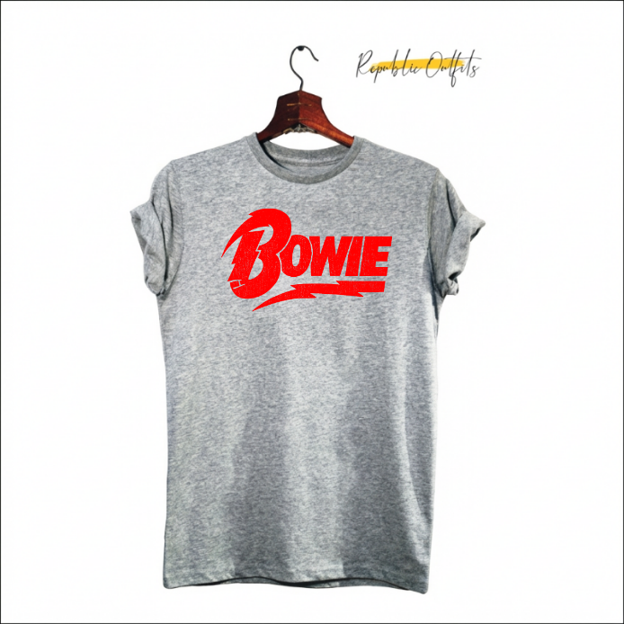 Gray t-shirt with red 'Bowie' print on a hanger against a white background