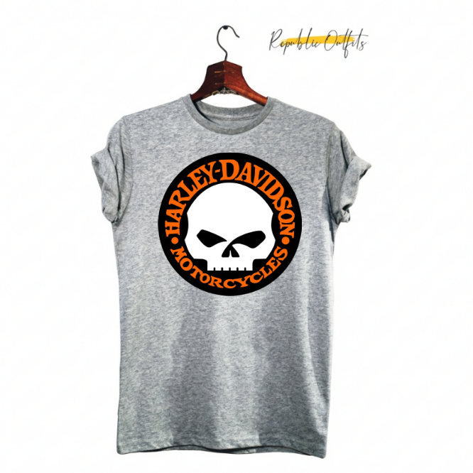Gray t-shirt with Harley-Davidson logo on a hanger against a white background