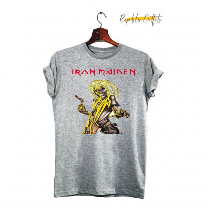 Gray t-shirt with Iron Maiden logo and skeleton design on a hanger