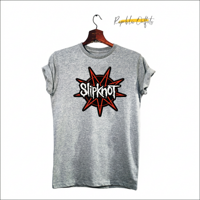 Gray t-shirt with Slipknot logo on a hanger against a white background